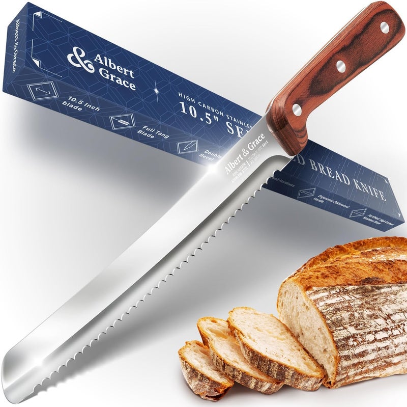 Albert&Grace 10.5-Inch Ultra Sharp Serrated Bread Slicer Knife Less Crumbs Knife for Homemade Bread, Bagels, Sourdough, and Soft Produce - Image 1